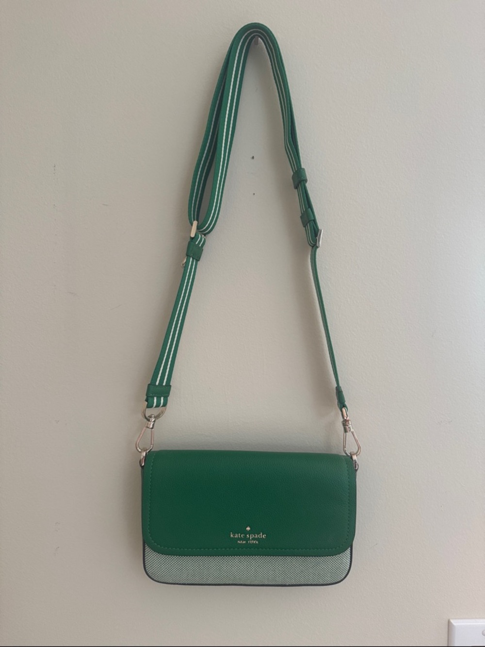 kate spade Green Leather Crossbody with Striped Strap with mini zip wallet